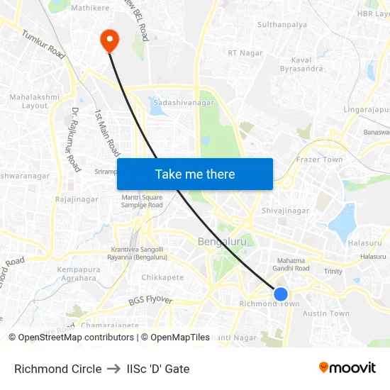 Richmond Circle to IISc 'D' Gate map