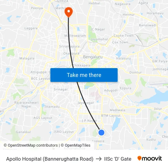 Apollo Hospital (Bannerughatta Road) to IISc 'D' Gate map