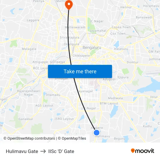 Hulimavu Gate to IISc 'D' Gate map
