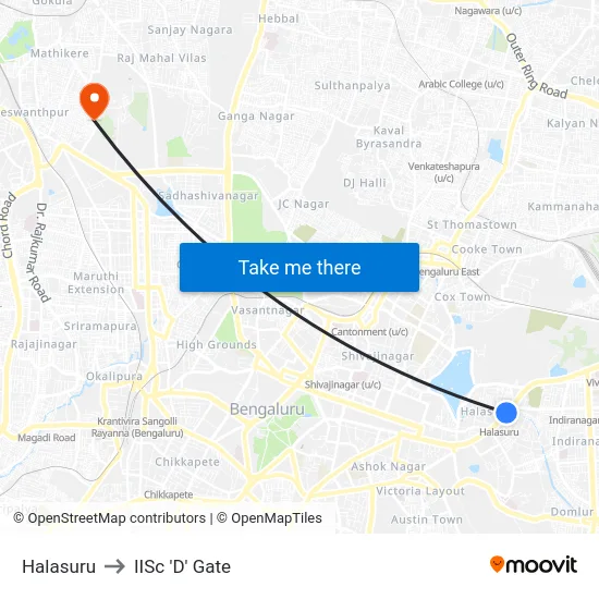 Halasuru to IISc 'D' Gate map