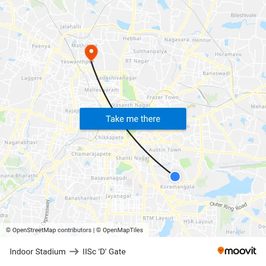 Indoor Stadium to IISc 'D' Gate map