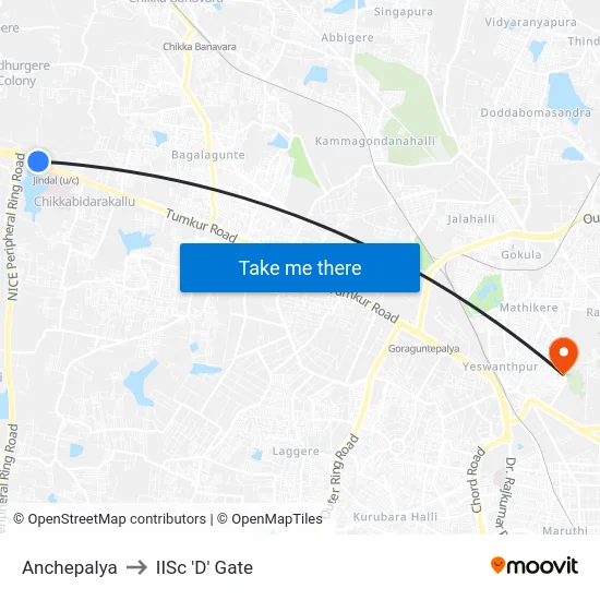 Anchepalya to IISc 'D' Gate map