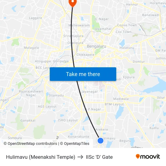 Hulimavu (Meenakshi Temple) to IISc 'D' Gate map