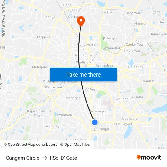 Sangam Circle to IISc 'D' Gate map