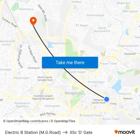 Electric B Station (M.G.Road) to IISc 'D' Gate map