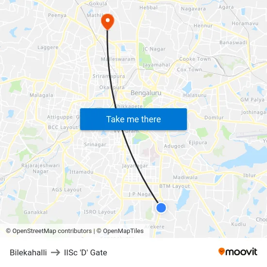 Bilekahalli to IISc 'D' Gate map