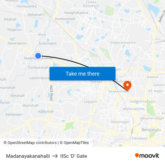 Madanayakanahalli to IISc 'D' Gate map