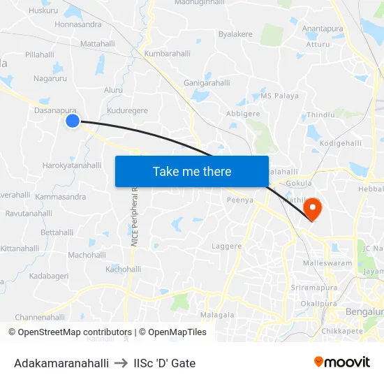 Adakamaranahalli to IISc 'D' Gate map