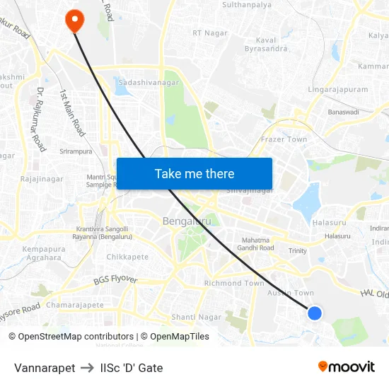 Vannarapet to IISc 'D' Gate map