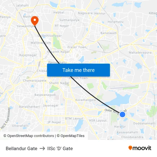 Bellandur Gate to IISc 'D' Gate map