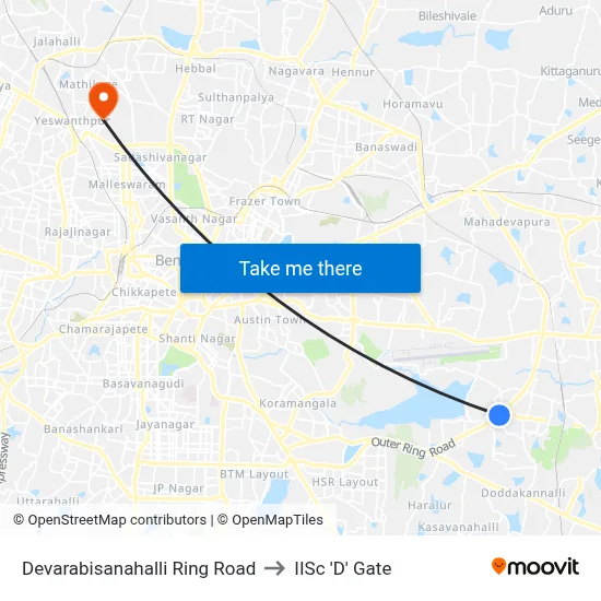Devarabisanahalli Ring Road to IISc 'D' Gate map