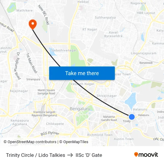 Trinity Circle / Lido Talkies to IISc 'D' Gate map