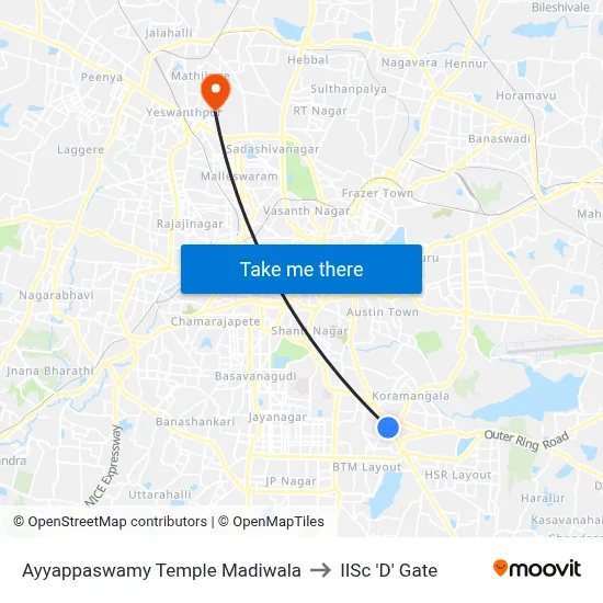 अय्यप्पस्वामी मंदिर मदिवाला to आईआईएससी 'डी' गेट map