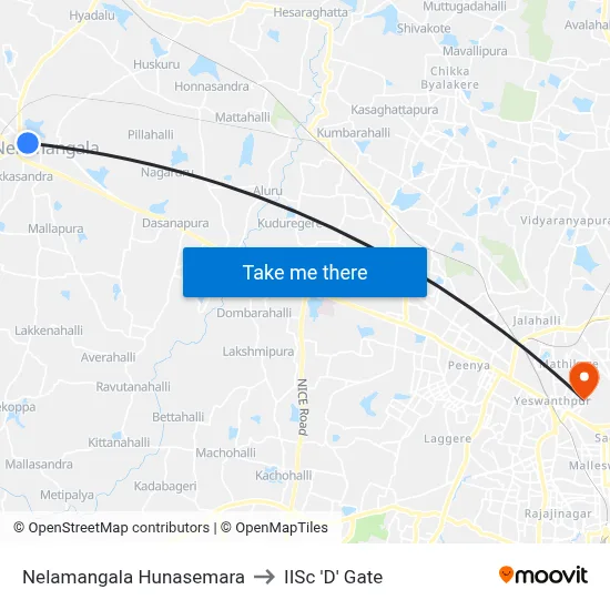 Nelamangala Hunasemara to IISc 'D' Gate map