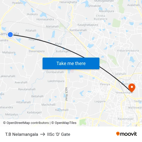 T.B Nelamangala to IISc 'D' Gate map