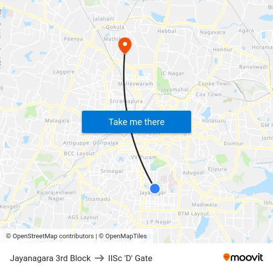 Jayanagara 3rd Block to IISc 'D' Gate map