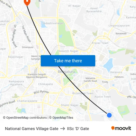 National Games Village Gate to IISc 'D' Gate map