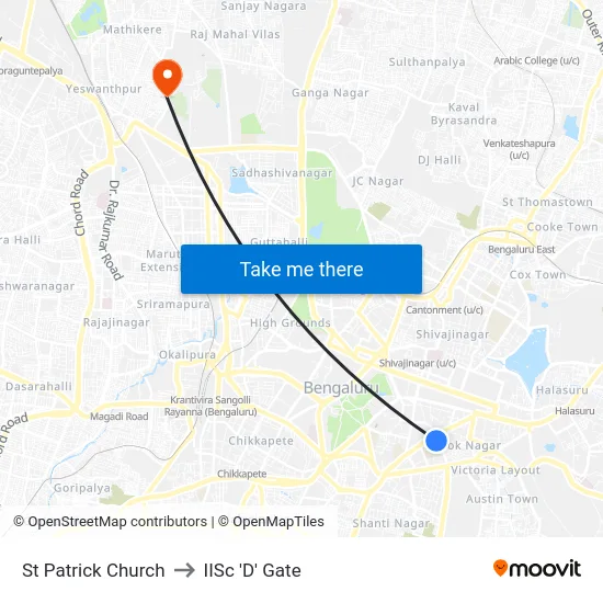 St Patrick Church to IISc 'D' Gate map