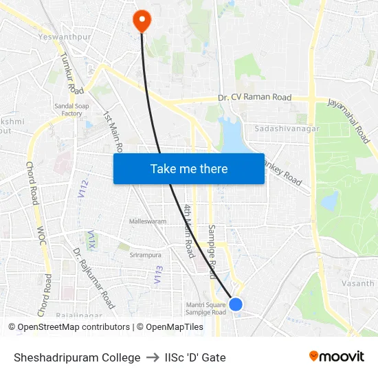 Sheshadripuram College to IISc 'D' Gate map