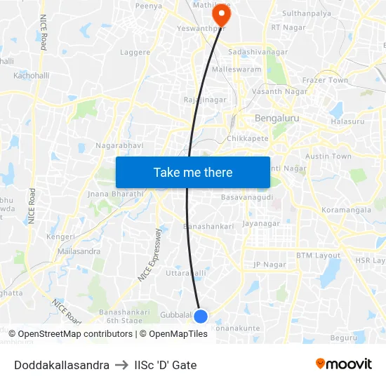 Doddakallasandra to IISc 'D' Gate map