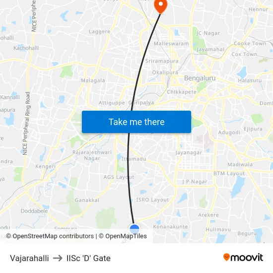 Vajarahalli to IISc 'D' Gate map