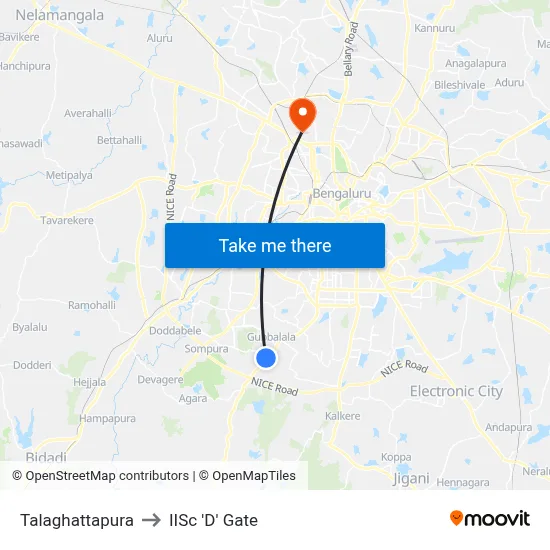 Talaghattapura to IISc 'D' Gate map