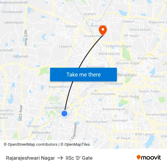 Rajarajeshwari Nagar to IISc 'D' Gate map