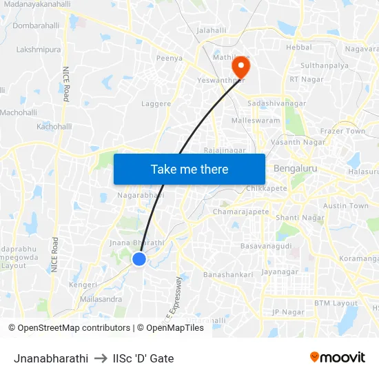 Jnanabharathi to IISc 'D' Gate map