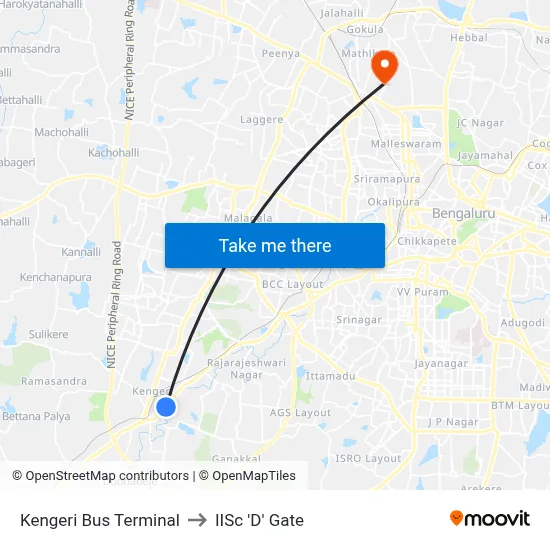 Kengeri Bus Terminal to IISc 'D' Gate map