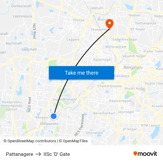 Pattanagere to IISc 'D' Gate map