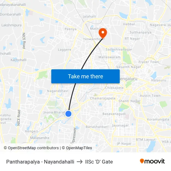 Pantharapalya - Nayandahalli to IISc 'D' Gate map