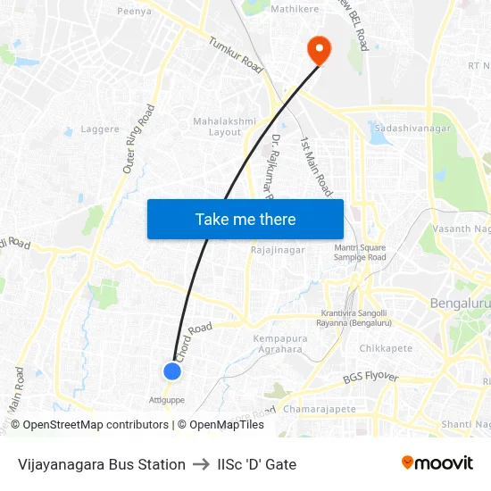 Vijayanagara Bus Station to IISc 'D' Gate map