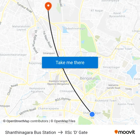 Shanthinagara Bus Station to IISc 'D' Gate map