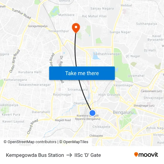 Kempegowda Bus Station to IISc 'D' Gate map