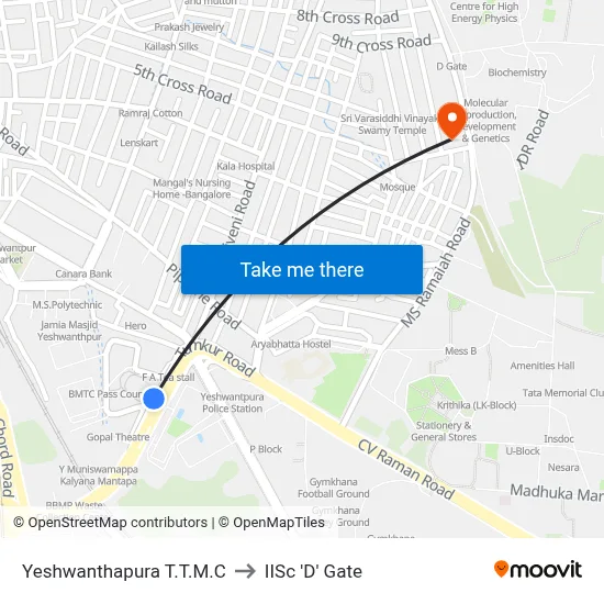 Yeshwanthapura T.T.M.C to IISc 'D' Gate map