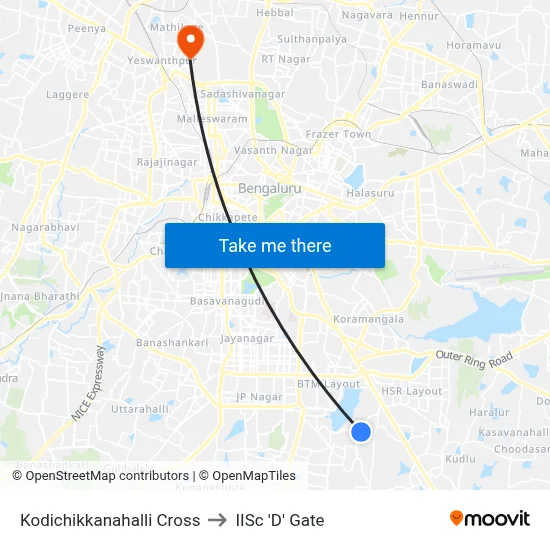 Kodichikkanahalli Cross to IISc 'D' Gate map