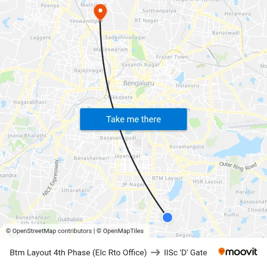 Btm Layout 4th Phase (Elc Rto Office) to IISc 'D' Gate map