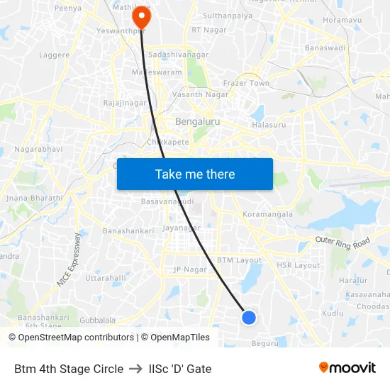 Btm 4th Stage Circle to IISc 'D' Gate map