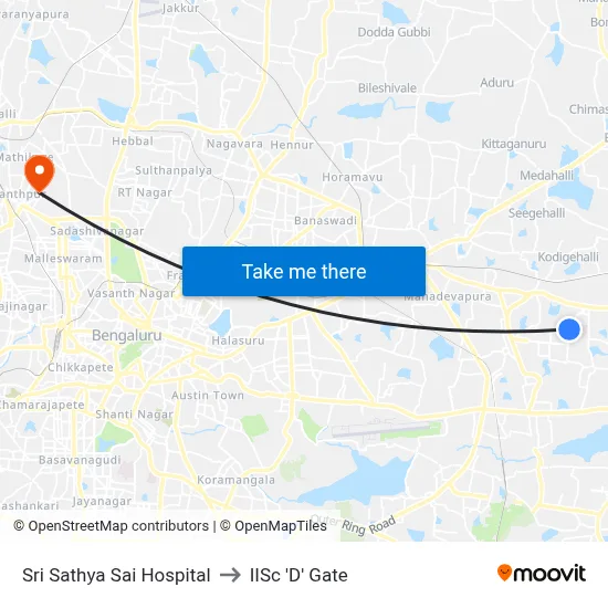 Sri Sathya Sai Hospital to IISc 'D' Gate map