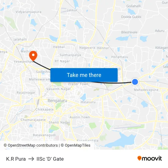 K.R Pura to IISc 'D' Gate map