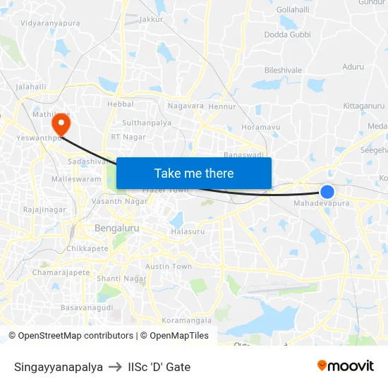 Singayyanapalya to IISc 'D' Gate map