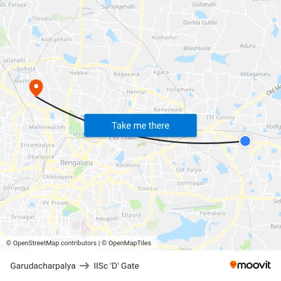 Garudacharpalya to IISc 'D' Gate map