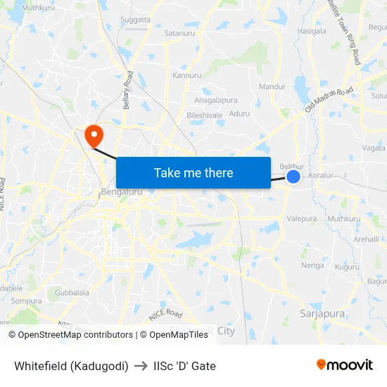 Whitefield (Kadugodi) to IISc 'D' Gate map