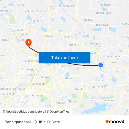 Benniganahalli to IISc 'D' Gate map