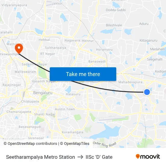 Seetharampalya Metro Station to IISc 'D' Gate map