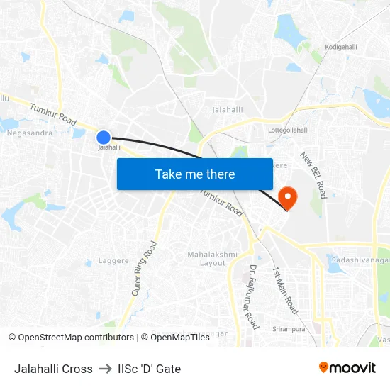 Jalahalli Cross to IISc 'D' Gate map
