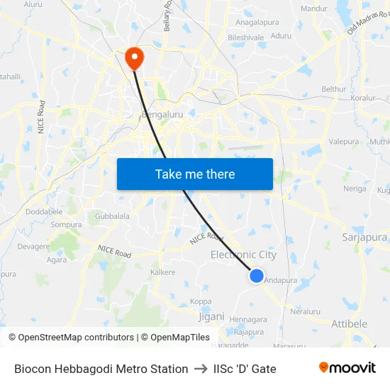 Biocon Hebbagodi Metro Station to IISc 'D' Gate map