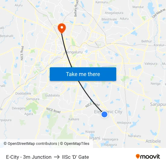 E-City - 3m Junction to IISc 'D' Gate map