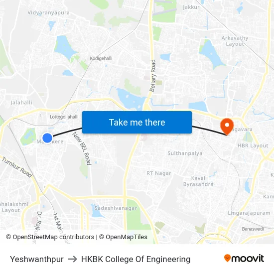 Yeshwanthpur to HKBK College Of Engineering map