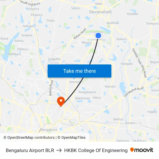 Bengaluru Airport BLR to HKBK College Of Engineering map